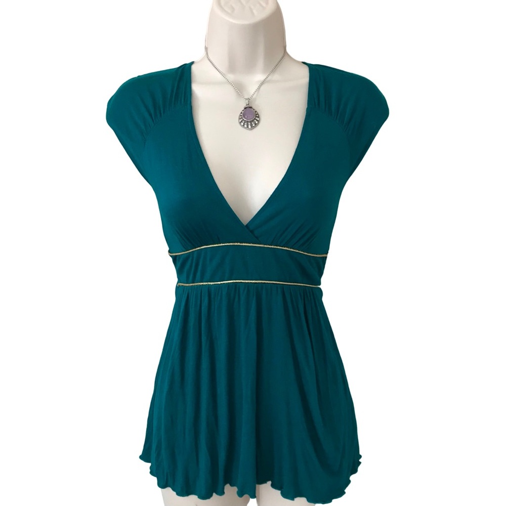 Vintage Y2K Sexy Teal Blue V-neck Babydoll Top Short Sleeve Blouse Size Small